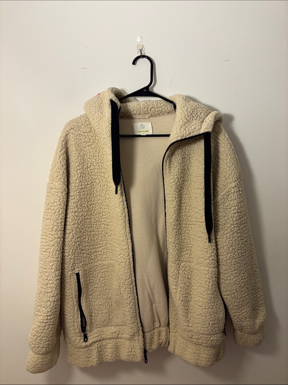 aerie Cream Sherpa Puffer Jacket with Black Accents